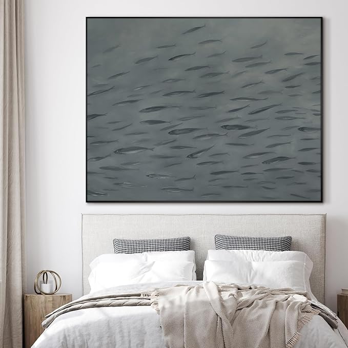 SIGNWIN 36"x46" Extra Large Framed Wall Art Gray School of Fish Minimalist Ocean-Inspired Marine Life Illustration for Home Living Room Bedroom Decor (Frame Assembly Required)