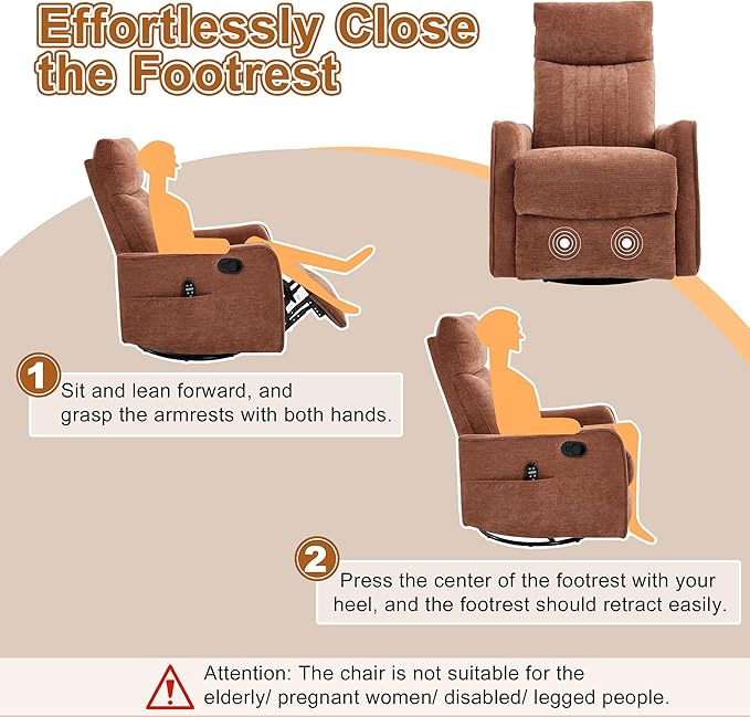 Manual Swivel Rocker Recliner Chair for Adults, Overstuffed Reclining Glider Chair for Nursing with Vibration Massage & Heat, Living Room Rocking Recliner 2-Stage backrest, Chenille Fabric Orange