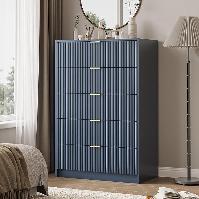 5 Drawer Dresser for Bedroom, Tall Dresser Chest of Drawers with Gold Handles, 32 Inch Wide Nightstand with for Bedroom, Living Rooms, Offices, and Entryways, Navy Blue