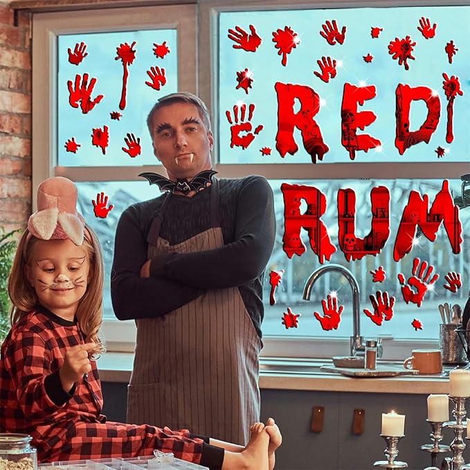 Halloween Decorations Stickers for Wall Bloody Handprint Decals for Bathroom Mirror Acrylic Halloween Party Supplies Decal Peel and Stick Scary Red Blood Stickers for Haunted House Party Home Office