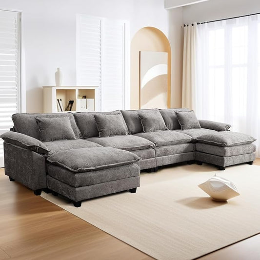 URRED Modular Sectional Sofa Comfy Cloud Couch, Modern Chenille Sofa Sleeper Deep Seat Couches with Ottoman/Pillows for Living Room (Gray, 154'' - U Shape)