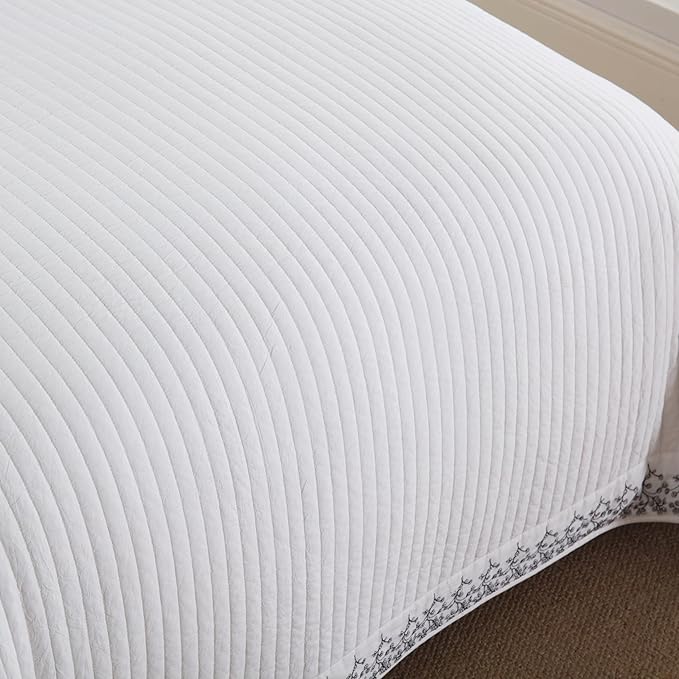 MarCielo 3-Piece 100% Cotton White Striped Quilt Set with Botanical Edge Embroidery TC(Sakura White,King(106" X 98"))