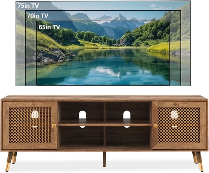 JYED Mid Century Modern TV Stand and Console for TVs Up to 75 inch - Rustic Oak Entertainment Center, 2 Gold Metal Mesh Doors & MDF Wood Grain, 15.8" D x 66" W x 23.5" H