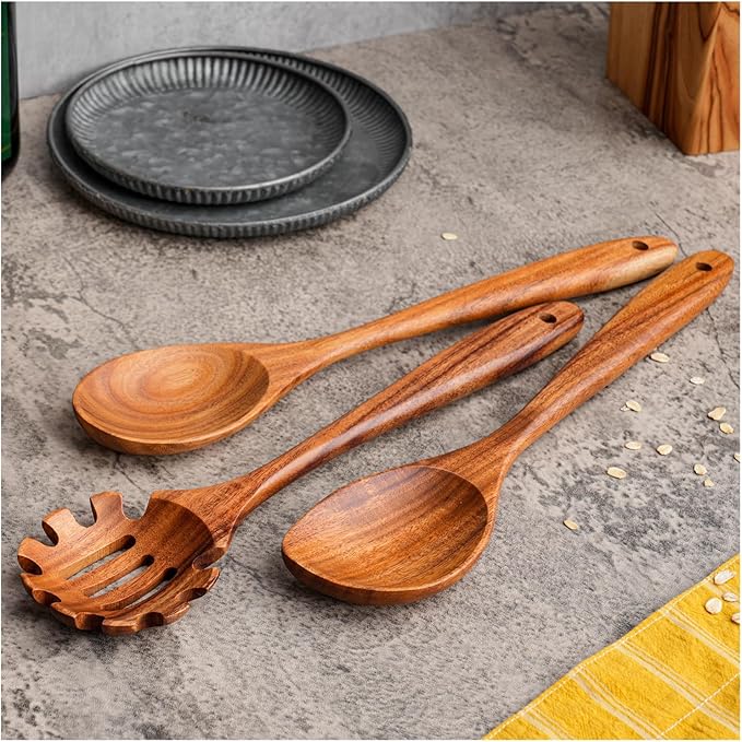 Gudamaye 13 inch Long Wooden Spoons for Cooking, 9 PCS Natural Teak Wooden Kitchen Utensil Set with Utensils Holder Made of Australia Camphor Laurel Wood,Wooden Utensils for Cooking