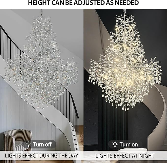 H65'' Silver Tree Branch Crystal High Ceilings Chandeliers,Modern Crystal Staircase Chandeliers, D48'' Foyer Chandelier for High Ceiling, Luxury Large Living Room Chandelier, 27-Lights
