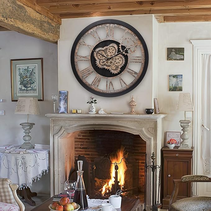 HOIBAI Wall Clock, Large Wall Clocks for Living Room Decor 18 Inch Battery Operated Silent Non-Ticking Modern Farmhouse Vintage Roman Big Wall Clock for Home Bedroom House, Moving Gears Clock