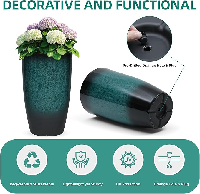 Tall Outdoor Planters, Set of 2 Large Flower Pots for Outdoor Plants, with Gradient Turquoise Finish, Weather-Resistant for Porch, Garden, Patio