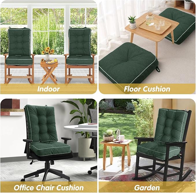 YZ HOME Rocking Chair Cushion, Set of Thicken Seat & Back Chair Cushions with Memory Foam, Non-Slip Chair Pad with Ties for for Indoor&Outdoor Rocker, Dark Green, 22x17x5/17x17x5