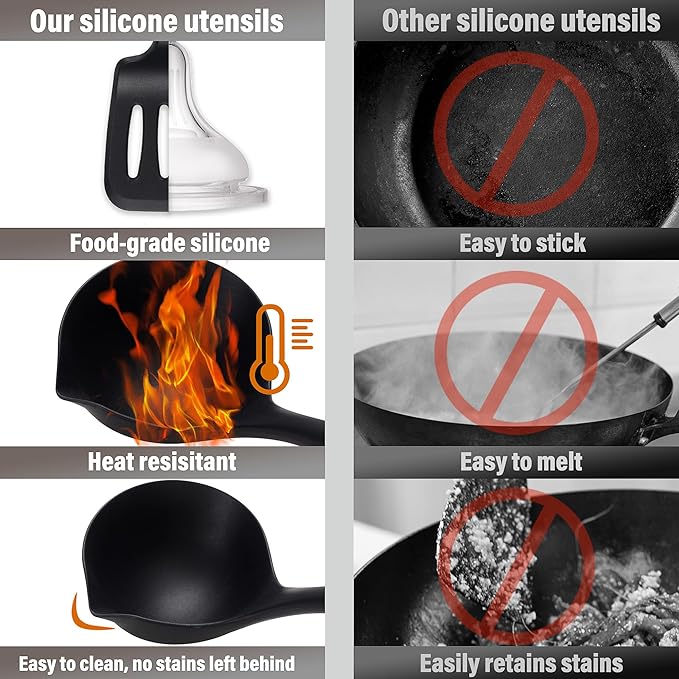 QMVESS Silicone Cooking Utensils Set, Kitchen Utensils Set 7 Pcs with Long Wooden Handle, Food Grade and Heat Resistant Large Silicone Spatula Set for Nonstick Cookware, BPA Free(Black)