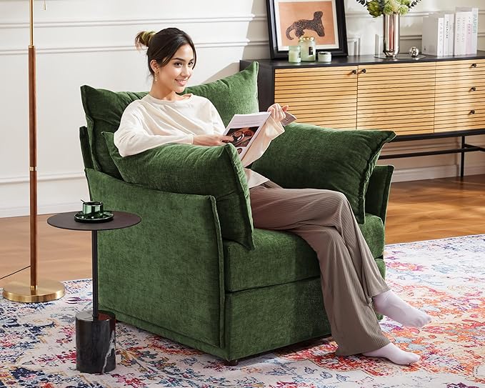 Oversized Accent Chair, Upholstered Modern Sofa Chair with Removable Backrest & Detachable Cover, 24.5" Deep Seat Large Reading Armchair for Living Room Bedroom Office - Chenille Green Set of 1