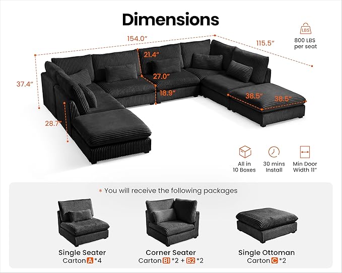 Oversized Modular Sofa, Extra Deep Cloud Corduroy Sectional Couch with Ottoman Chaise, Fluffy Chenille 8 Seater Couch Bed for Living Room, Villa (Sofa Bed 8 Seater, Corduroy Black)
