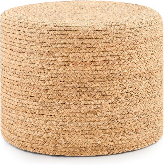 Handwoven Water Hyacinth Ottoman Pouf, Round Outdoor Footstool with Sturdy Frame, No Assembly Needed, Boho Accent Stool for Indoor & Outdoor Use – Patio, Balcony, Living Room (Natural)