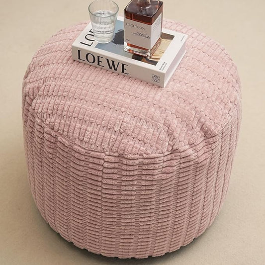 Round Stuffed Pouf Ottoman for Foot Rest, Storage Ottoman Pouf Foot Stool Cushion, Faux Fur Poufs with Foam Chunk Filling, 26 X 18 Inch Floor Chair for Living Room Bedroom Home Decor, Pink