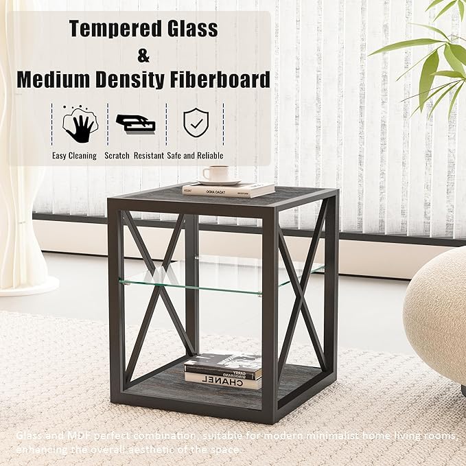 Farmhouse End Table, Modern Side Table with 3-Tier Storage Shelf, Square Rustic Nightstand, Accent Tea Table, for Bedroom Office Living Room, Grey, Natural Wood, Glass, Metal