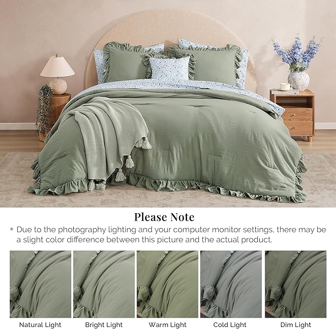 King Comforter Set - 7 Pieces Ruffle Sage Green Bedding Sets, Shabby Chic Farmhouse Bed in a Bag King with Ruffle Comforter, Floral Sheets, Pillowcases & Shams