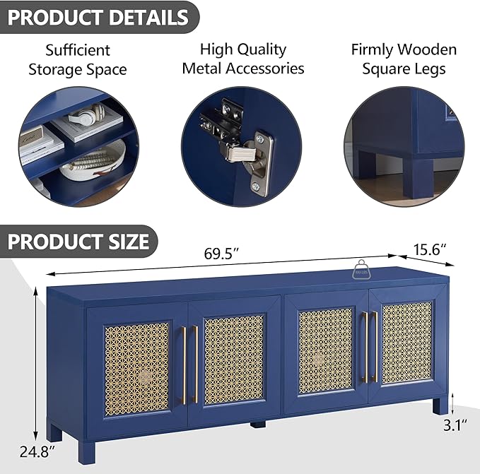 JYED Mid Century Modern TV Stand for TVs up to 75", 69.5" W Blue Entertainment Center with 4 Gold Metal Mesh Doors - Wood Grain MDF TV Console, Media Storage