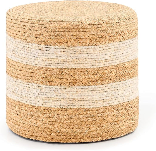 Handwoven Ottoman Pouf, Natural Water Hyacinth Footstool, Round Braided Outdoor Seat with Sturdy Frame, Boho Accent Stool for Patio, Balcony, or Garden (White)