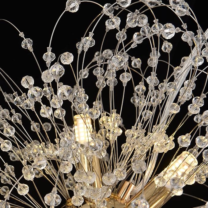 Modern Dandelion Chandelier, Sputnik Crystal Beaded Ceiling Lamp with Gold Finish, Round Sunflower Pendant Light Fixtures for Dining Room Bedroom Foyer Farmhouse (Gold 12Lights)