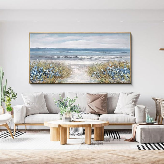 XLSJERST Framed Wall Art for Bedroom Decor - Farmhouse Boho Beach Coastal Vintage Floral Ocean Wall Picture Daisy Flowers Sea Canvas Print Nautical Neutral Seascape Artwork for Home Living Room