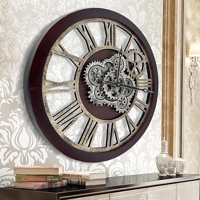 HOIBAI Large Wall Clock, Wall Clocks for Living Room Decor 30 Inch Farmhouse Vintage Rustic Kitchen Wall Decor Vintage Roman Oversized Wall Clock for Home Bedroom House, Moving Gears Clock