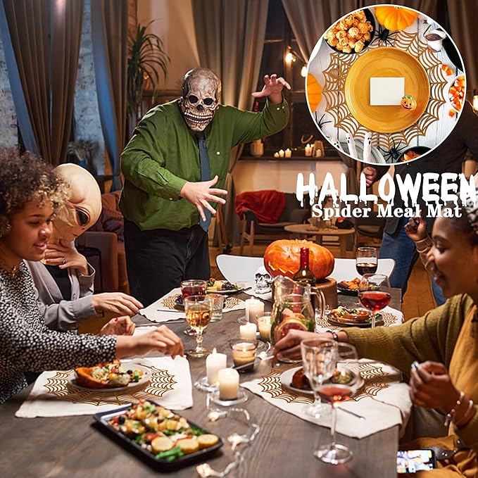 Sfcddtlg 6 Pcs Halloween Spider Web Placemats- 15"" Heat Insulation Halloween Placemats Spider Web Table Mats- Hollow Out Spiderweb Coasters Placemat for Dining Table Halloween Decoration (Brown)