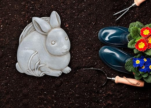 NAT & Jules Animal Character Shaped Dimensional Indoor Outdoor 11 inch Cast Resin Decorative Garden Stepping Stone, Patio, Walkway Sculpture Yard Art, Stone Grey Bunny