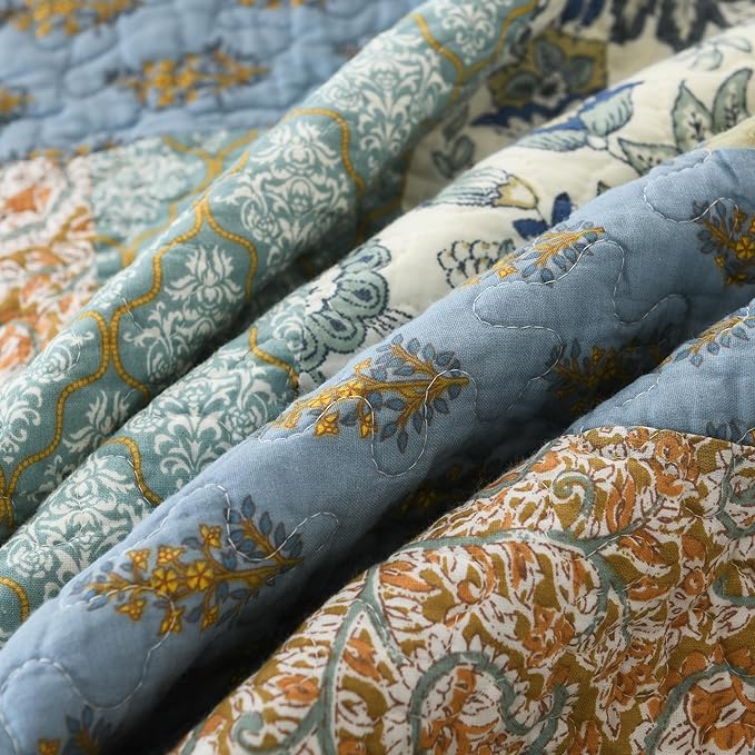 NEWLAKE Quilt Set King Size, 100% Cotton Patchwork Green Bohemian Quilt Sets, Reversible Bedspread Lightweight and Breathable for All Seasons, Soft Quilted Bedspread with 2 Pillow Shams