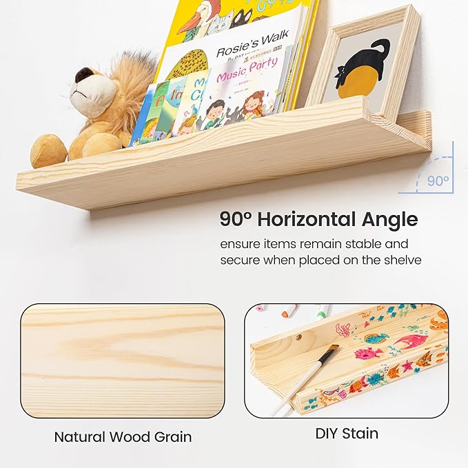 Picture Ledge Shelf, Floating Shelves Set of 2, Solid Pine Wood 72'' Long Large Nursery Book Shelves for Toys Storage, Kids Bookshelf for Living Room Bedroom Decor Books Photo Frames, Natural