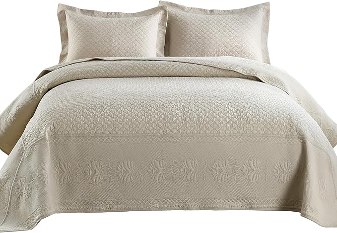 MarCielo 3-Piece 100% Cotton Oversized Bedspread Lightweight Quilt Coverlet Embroidery Farmhouse Bedding Set (TM Khaki Beige, Oversized Queen (100"x106"))