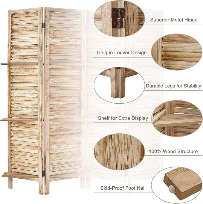 Room Divider with Shelves, Privacy Screen, Room Dividers and Folding Privacy Screens, 4 Panel Wood Temporary Wall Partition Separation Separator, Natural