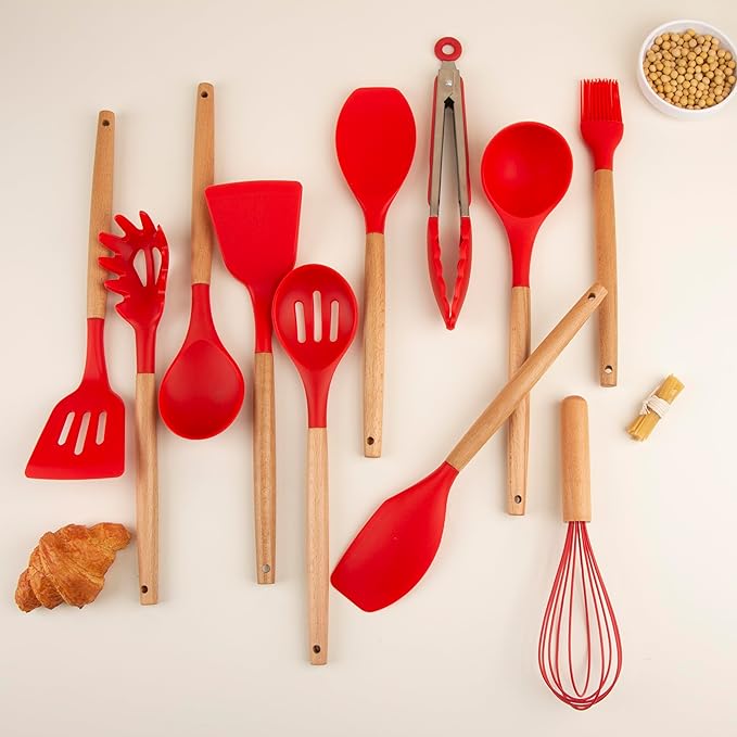 Silicone Cooking Utensils Set, Premium Beech Wood Handle Kitchen Gadgets Utensil Set, Non-Stick Kitchen Utensils Spatula, Tongs, Turner, Whisk, Brush, Spoon, BPA FREE, 446°F Resistant (Red)
