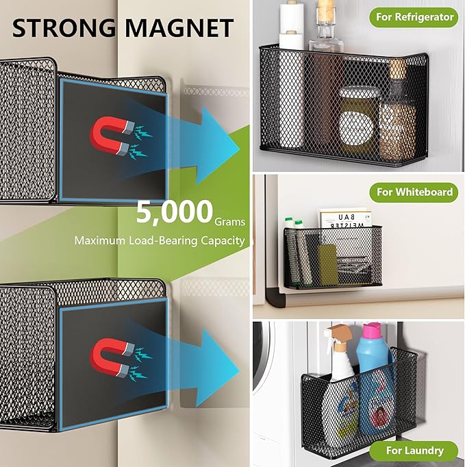 Magnetic Basket Fridge Lint Bin Dryer Ball Holder Laundry Room Organization Home Storage for Class Office School (Mesh,(1-Pack) Black/L)