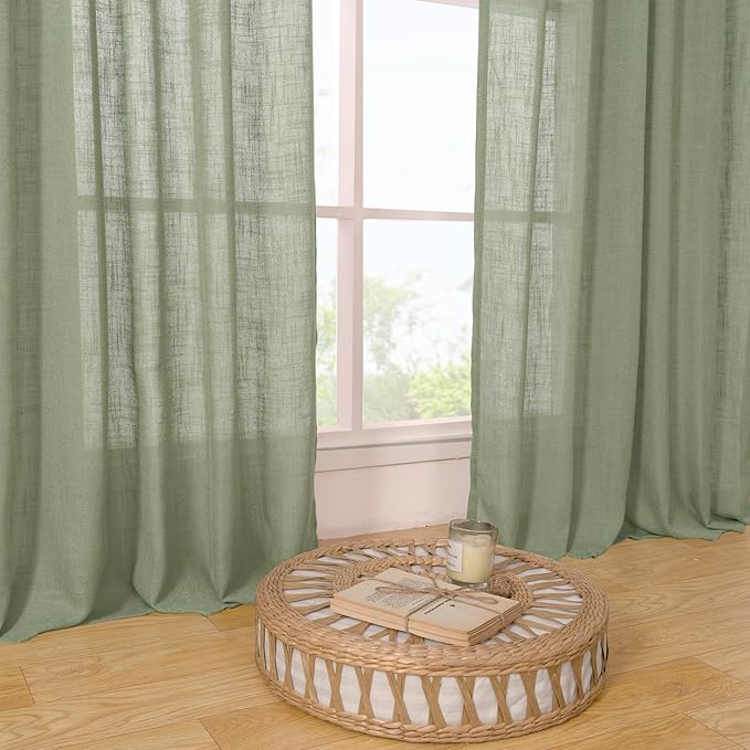 LAMIT Sage Green Linen Curtains for Windows 2 Panels Set, 48 Inch Linen Textured Light Filtering Drapes Bronze Grommet Boho Panels for Farmhouse/RV Camper/Loft, 34 x 48 Inch