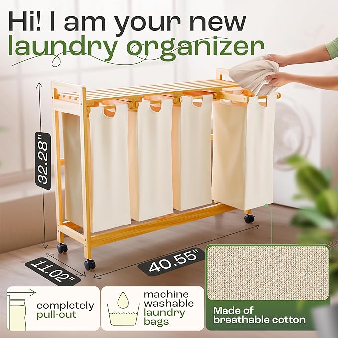 Laundry Sorter with 4 Sections beige, Hamper with Removable Cotton Bags & Wheels ā Perfect Laundry Organizer - Eco-Friendly Rolling Laundry Basket ā Durable Bamboo and Stylish Design