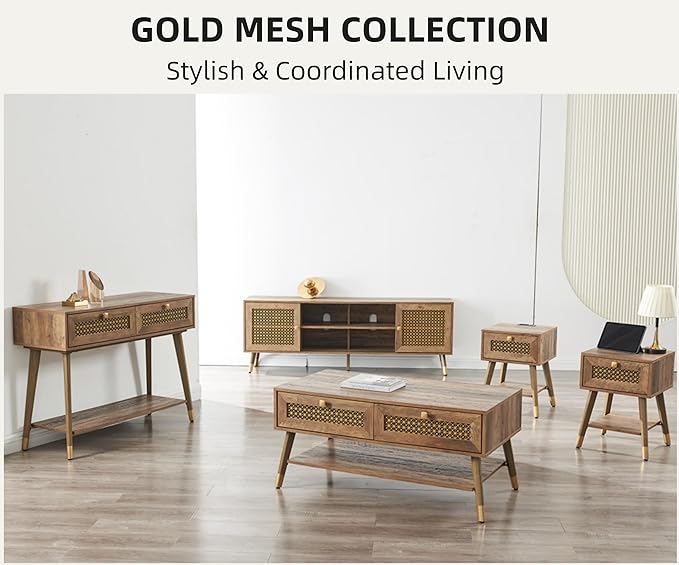 JYED Mid Century Modern TV Stand and Console for TVs Up to 75 inch - Rustic Oak Entertainment Center, 2 Gold Metal Mesh Doors & MDF Wood Grain, 15.8" D x 66" W x 23.5" H