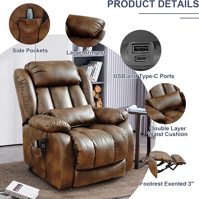 MAEVIS Large Genuine Leather Power Lift Chairs, Dual Motor Recliner for Elderly,Extended Footrest and Lumbar Pillow for Tall Man,with Heat and Massage, USB and Type-C Ports(Ochre)