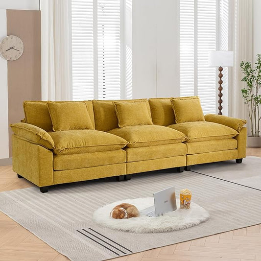 URRED Modular Sectional Sofa Comfy Cloud Couch, Modern Chenille Sofa Sleeper Deep Seat Couches with Ottoman/Pillows for Living Room (Yellow, 117'')