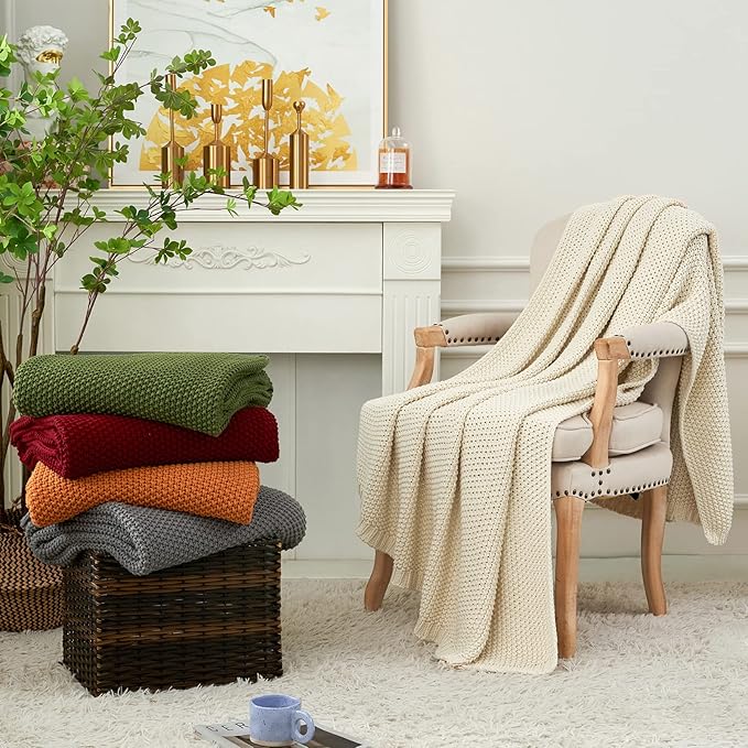 Chunky Cable Knit Throw Blanket Lightweight Wine red 100% Organic Cotton Blanket for Sofa Couch Bed Baby Nursery, Rustic Shabby Chic Modern Farmhouse, 60” x 80” Give Laundering Bag
