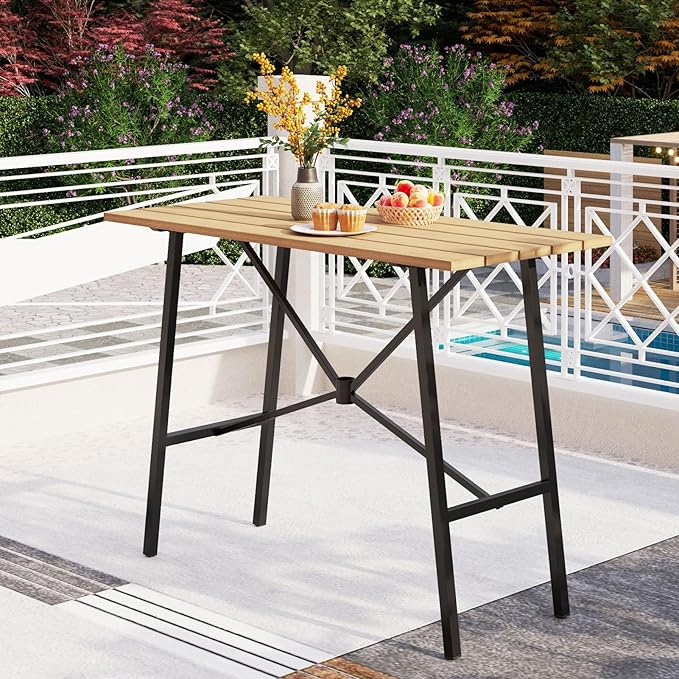 PHI VILLA Bar Height Patio Dining Table, 41" Wood Like Outdoor Bar Table, Rectangle Steel Slatted Bar Dining Table with 1.57" Umbrella Hole for Patio, Garden, Yard, Yellow