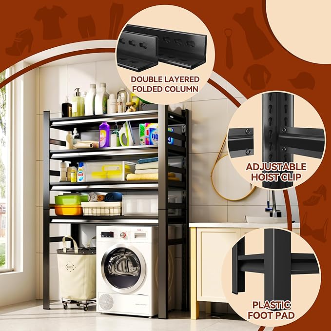 Laundry Shelf,5 Tier Over Washer and Dryer Storage Shelves,Adjustable Easy to Install,Space Saver Laundry Shelf Organizer,Utility Shelves for Balcony,Black,72”H*15.7”D*35.4“W