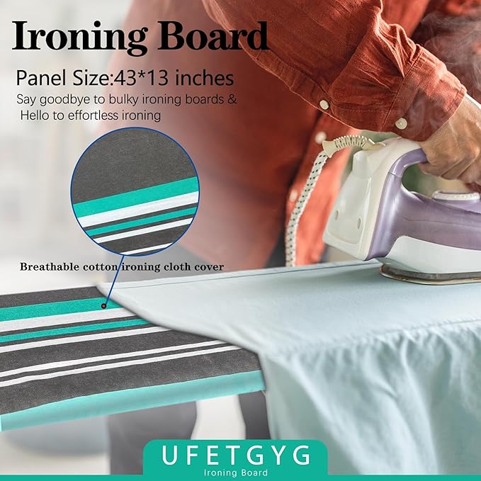 Ironing Board,Full Metal Construction| Height Adjustable, 43" X 13" W/with Iron Rest Heat & Scorch Resistant Fabric, Anti-Skid Feet, Heavy Duty| Easy to Fold