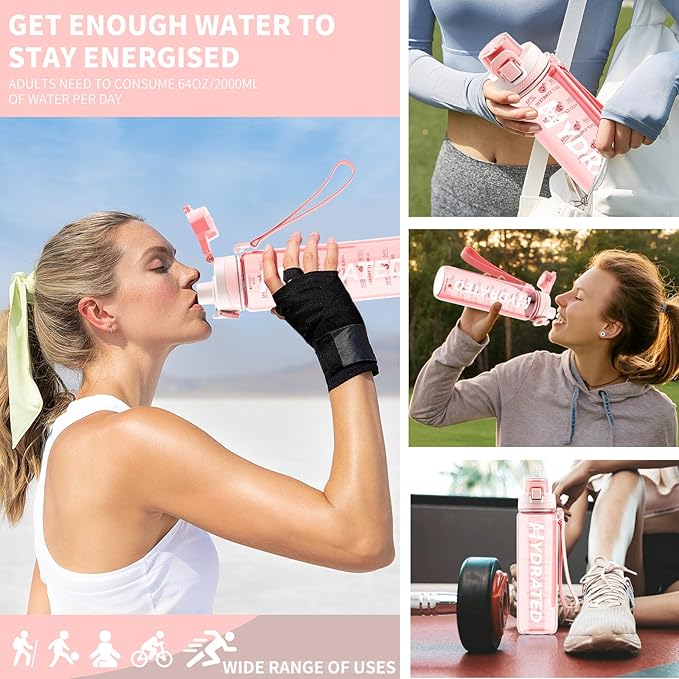 Water Bottle, 32 oz Motivational Water Bottles with Time Marker-Tritan & BPA Free, Sports Water Bottle with Time to Drink & Strap, Wide Mouth, Leakproof -Gift for Christmas Gym Fitness & Outdoor