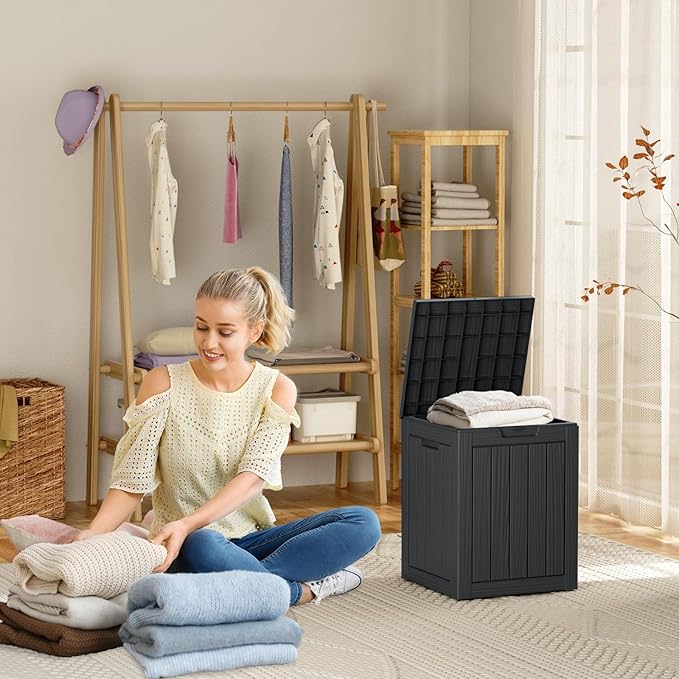 28 Gallon Resin Deck Box, Lockable Patio Outdoor Storage Box for Furniture, Garden Tools and Tools Storage, Waterproof Outside Storage Boxes - Black