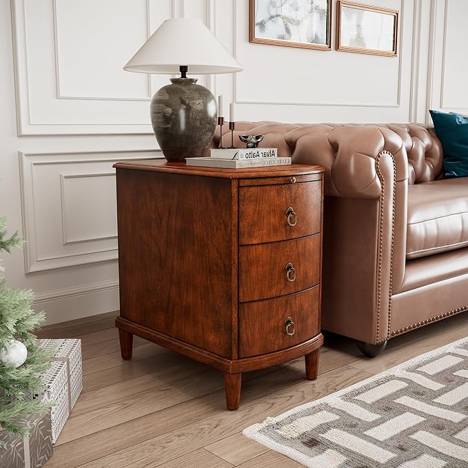 PADMA HOUSE Solid Wood End Table with 3 Drawers, Fully Assembled Nightstand with Sliding Shelf, Pre-Assembled Vintage Wooden Beside Table in Cherry Brown for Small Space,13.4 * 22.4 * 22.6in