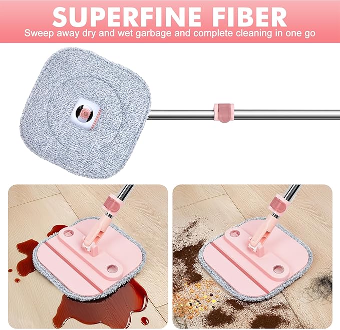 Upgraded Spin Mop and Bucket Self-Standing Mop Bucket Separate Dirty and Clean Water System Self Wringing 360° Rotating & 90° Foldabl Mops and Buckets for Floor Cleaning (Pink, 10Pads)