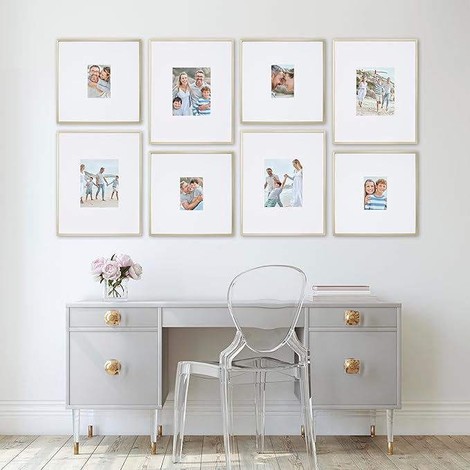 Camden Reed Arcadia 8 Piece Oversized Gallery Wall Frame, 16x20 and 16x16 Inch Matted Frames for Featuring 8x10 and 5x7 Inch Photographs or Art Prints, Gold Finish