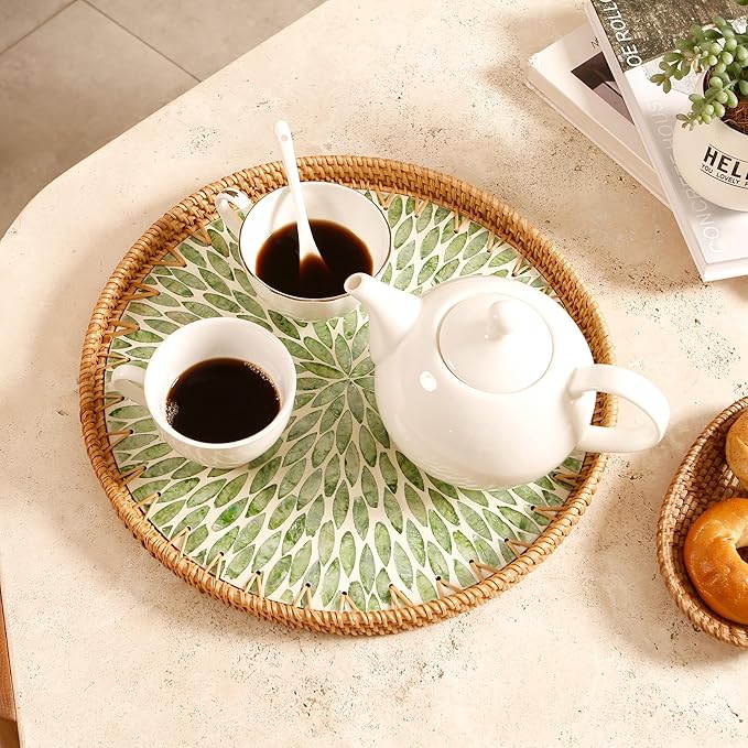 Round Rattan Tray with Mother of Pearl Inlay & Wooden Base - Decorative Wicker Serving Tray for Coffee/Bread/Fruits, Food Storage & Display - Multipurpose Home Decor (L,Green Leaves)