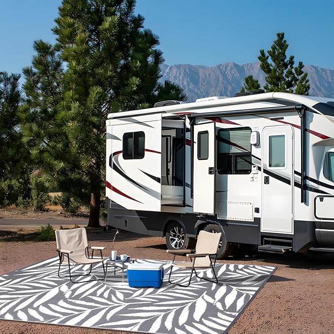 OLANLY Waterproof Outdoor Rug 6x9 ft, Reversible Outdoor Plastic Straw Rug with Leaf Pattern, RV Mat, Indoor Outdoor Carpet for Patio, Camping, Balcony, Deck, Backyard, Grey & White