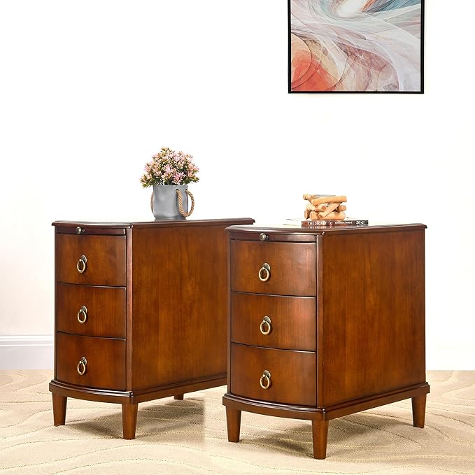Set of 2 Solid Wood End Table with 3 Drawers, Fully Assembled Nightstand with Sliding Shelf, Pre-Assembled Vintage Wooden Beside Tables In Cherry Brown for Small Space,13.4*22.4*22.6in