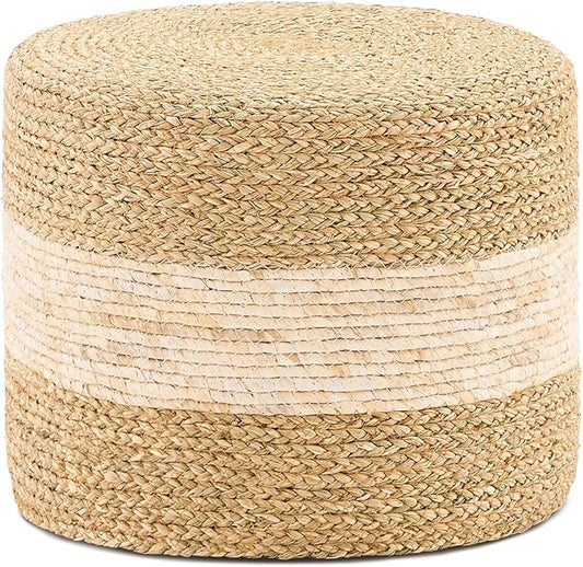 Handwoven Seagrass Ottoman Pouf, Round Outdoor Footstool with Sturdy Frame, No Assembly Needed, Boho Accent Stool for Indoor & Outdoor Use – Patio, Balcony, Living Room (Seagrass White)